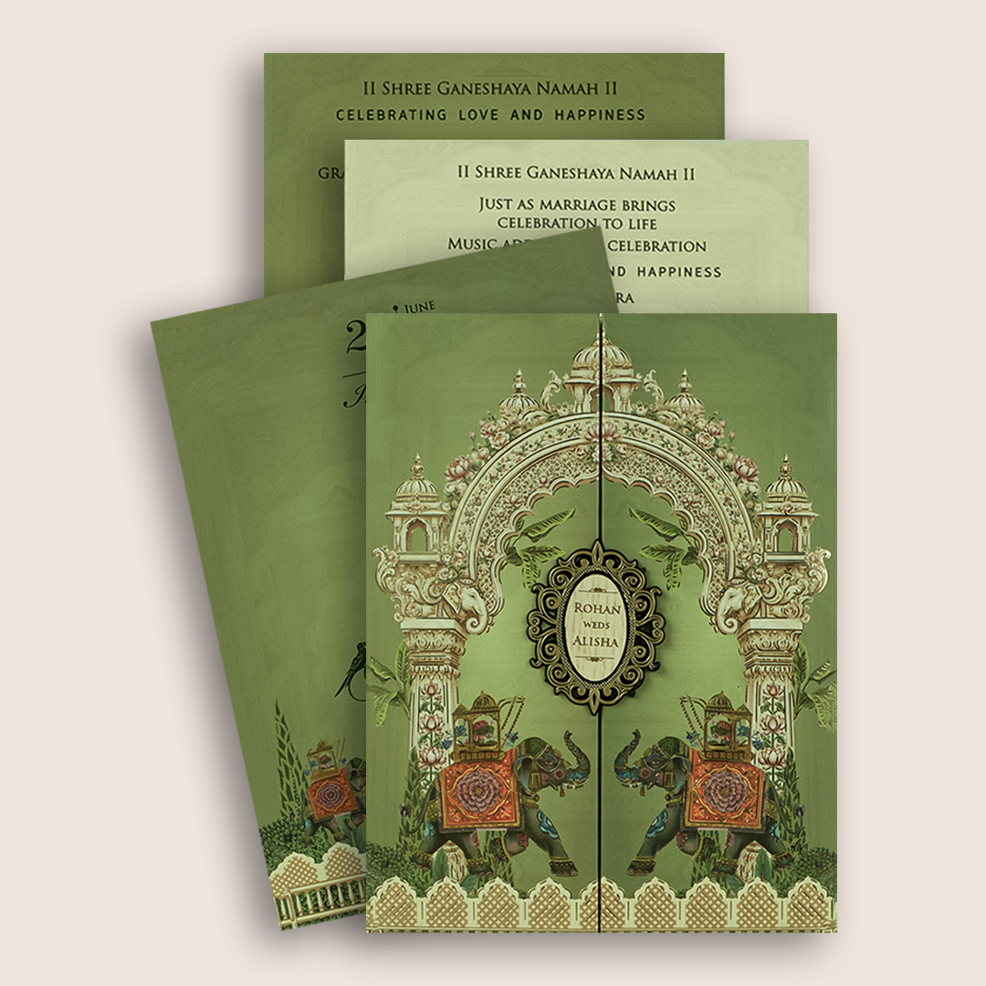 Green Elephant Door Style Padded Wedding Invitation - KFR17290