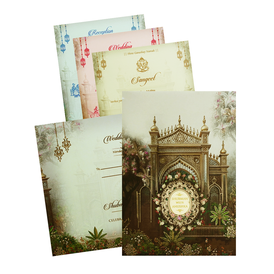 Check out Cream Palace Gate Royal Padded Gold Foil Wedding Invitation Card at best price. ? WhatsApp Support ? Express Delivery.