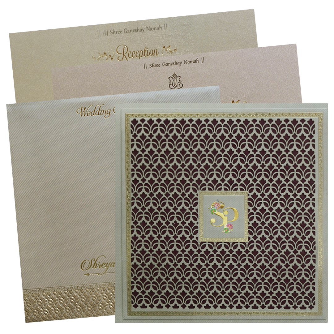 Maroon Laser Cut Floral Modern Wedding Card-KMMEX8240