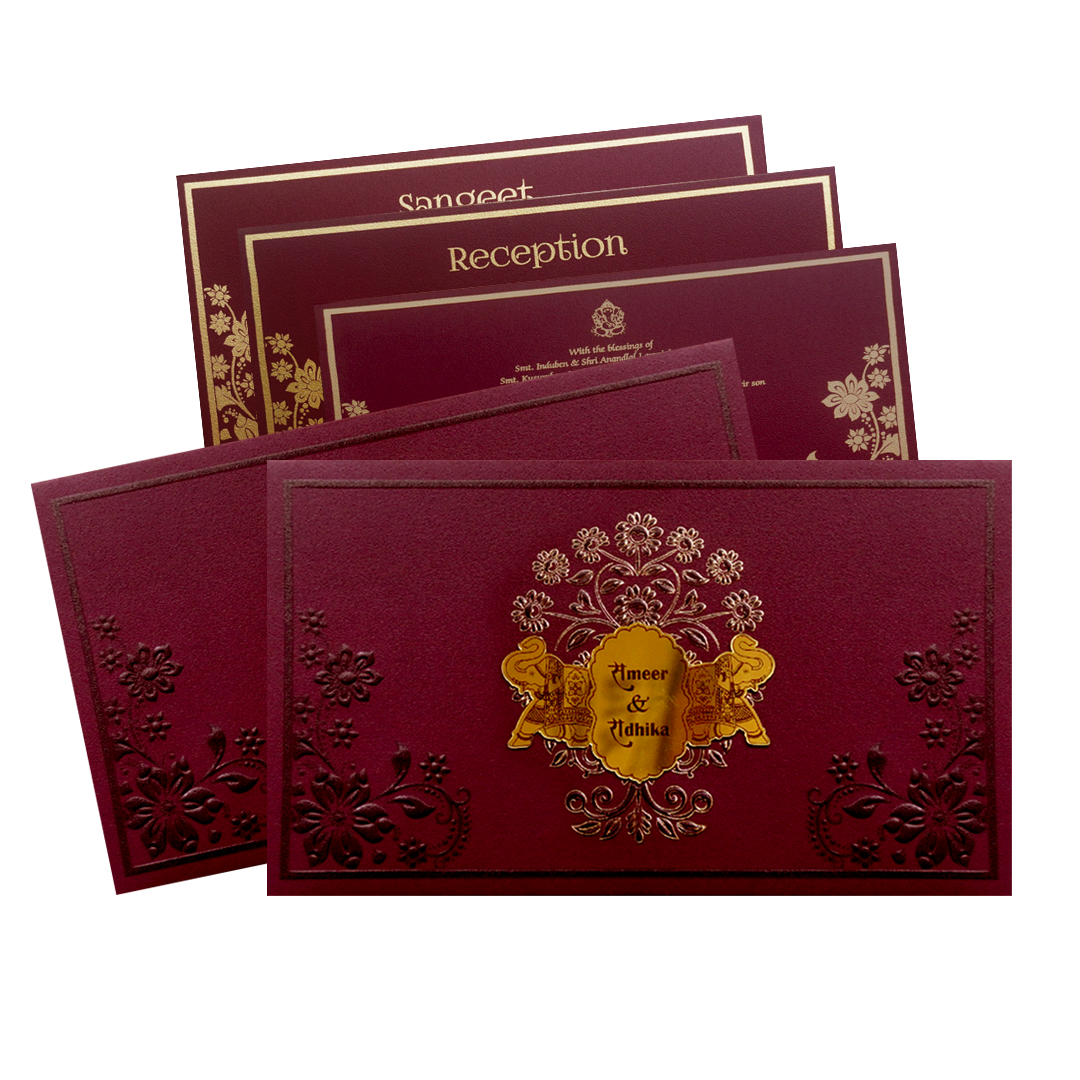 Maroon Floral Elephant Wedding Invitation Card-King of Cards