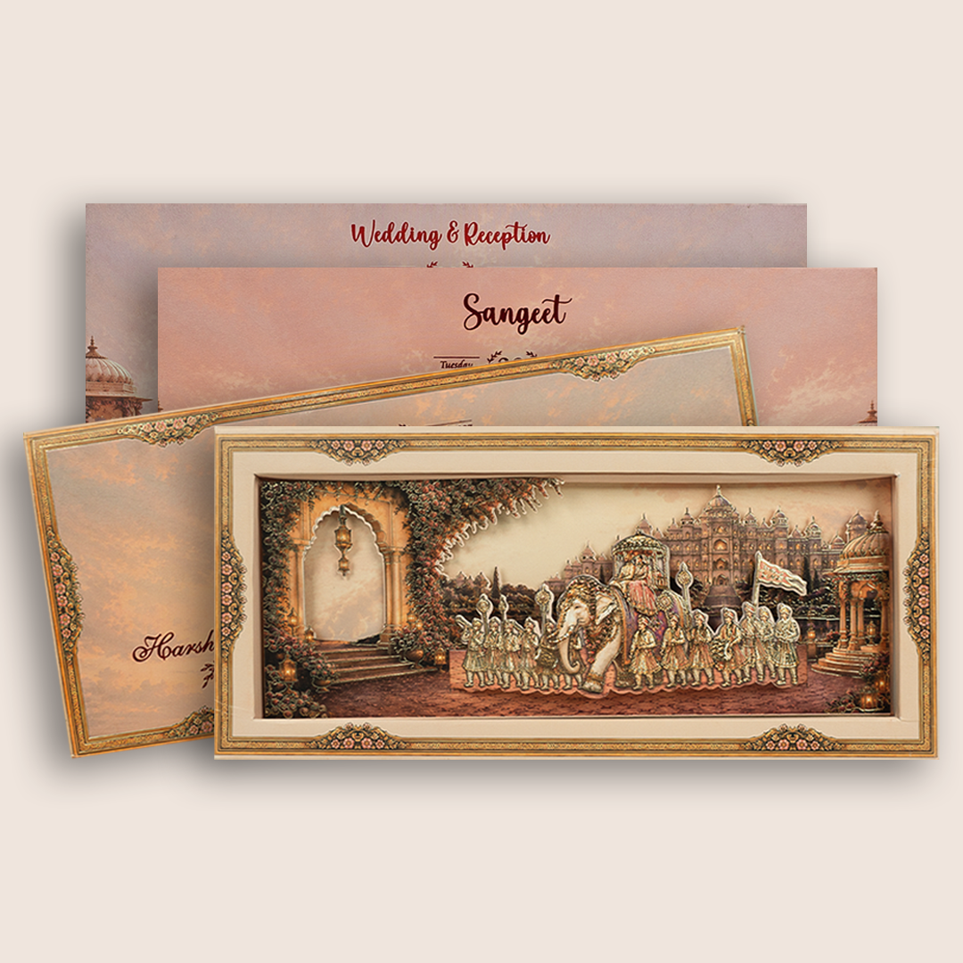 Beige Bharaat Laser Cut Padded Wedding Card - KPR026210