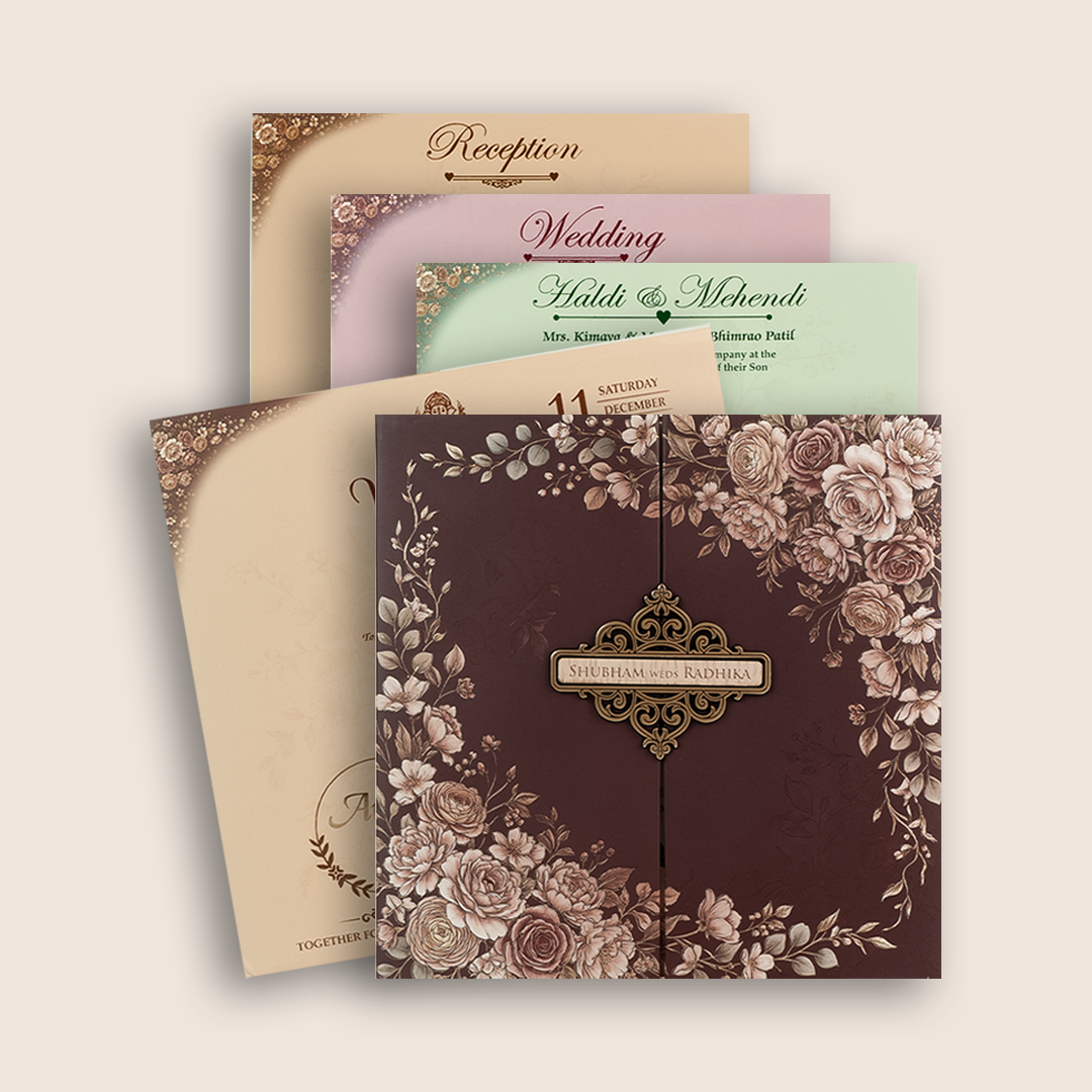 Brown Floral Padded Door Style Wedding Invitation - KSH18700