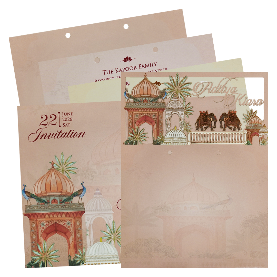 Check out Peach Palace Elephant Baraat Wedding Cards at best price. ?WhatsApp Support ?Express Delivery.