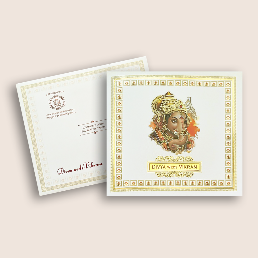 White Ganesha Floral Wedding Card - KNKD8115