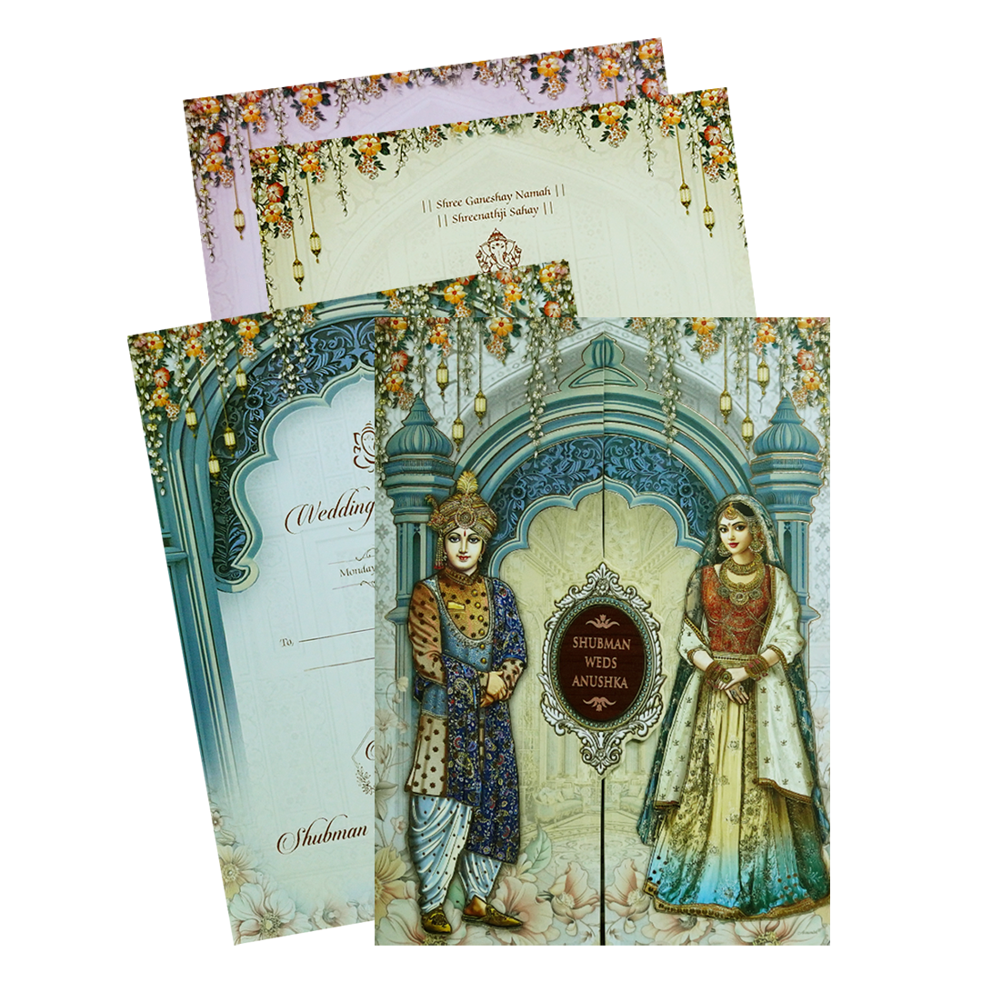 Shop Elegant Blue Doorstyle Wedding Card with luxurious gatefold design, ornate blue arches, and royal cutout details. ?WhatsApp Support ?Express Delivery.