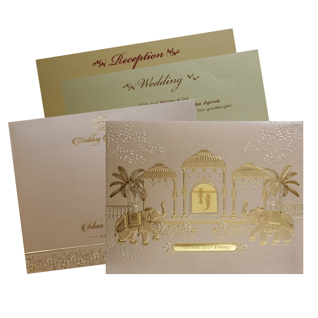 Beige Gold Padded Royal Elephant Embossed Wedding Card - KMMWD1108