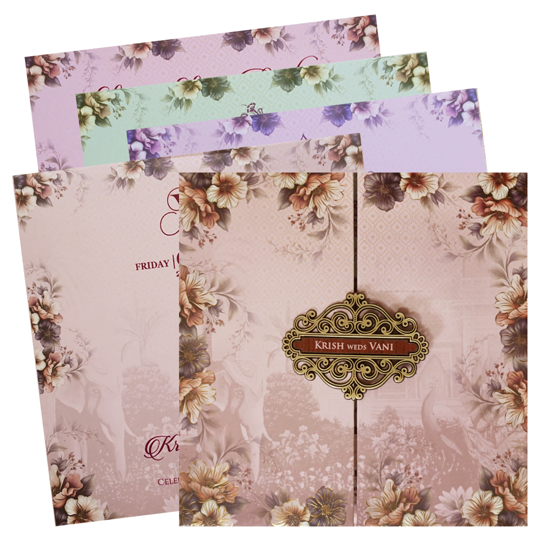 Pink Padded Floral Door Wedding Card - KVN07650