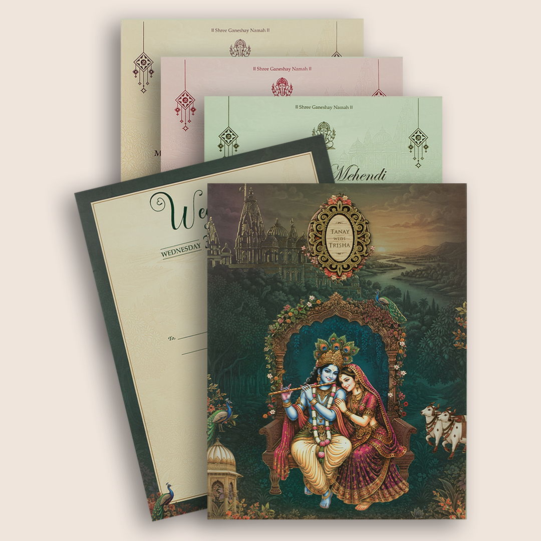 Teal Blue Radha Krishna Padded Wedding Invitation - KSH18360