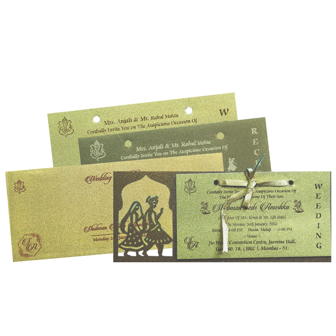 Gold Laser Cut MDF Wedding Invitation Card with Bride & Groom Motif-KRB07020