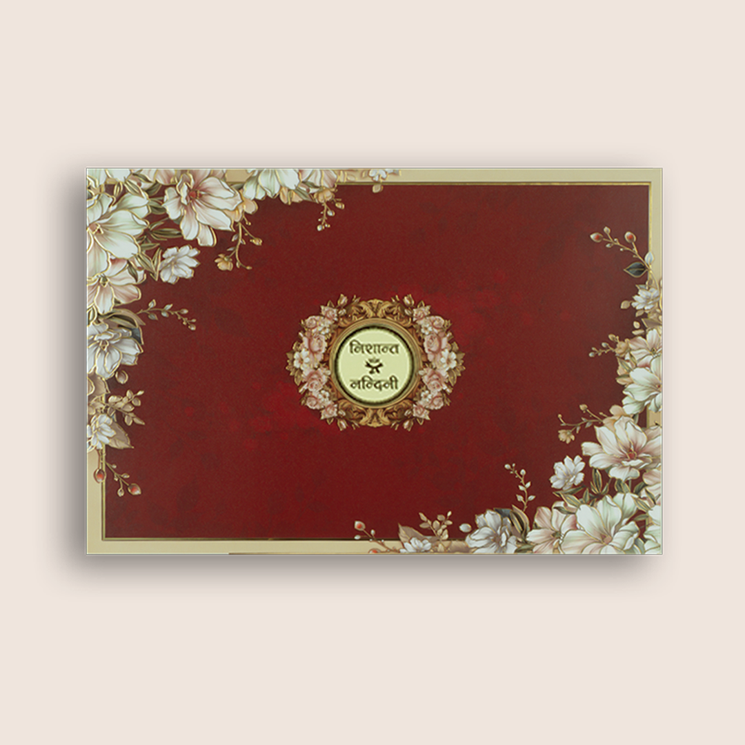 Maroon Padded Floral Wedding Card - KAA06100