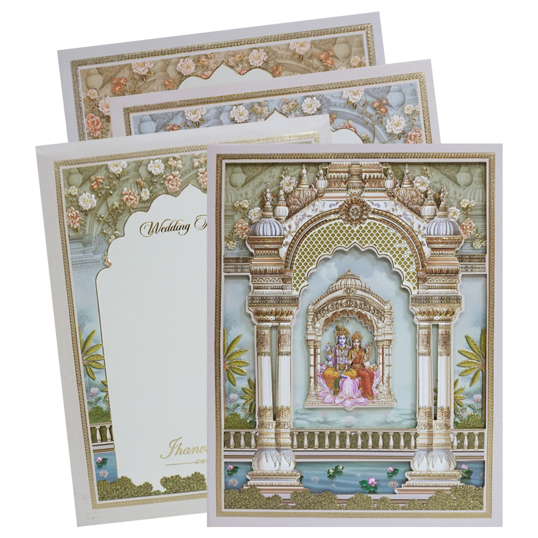 Green Gold Radha Krishna 3D Palace Padded Wedding Card-KMMEX8160