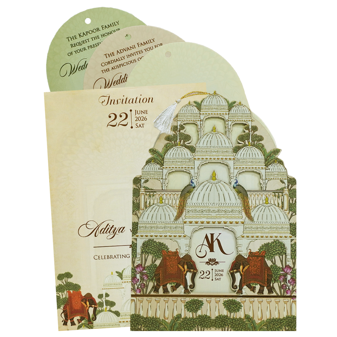 Cream Gold Dome Theme Elephant Wedding Card - KFR16120