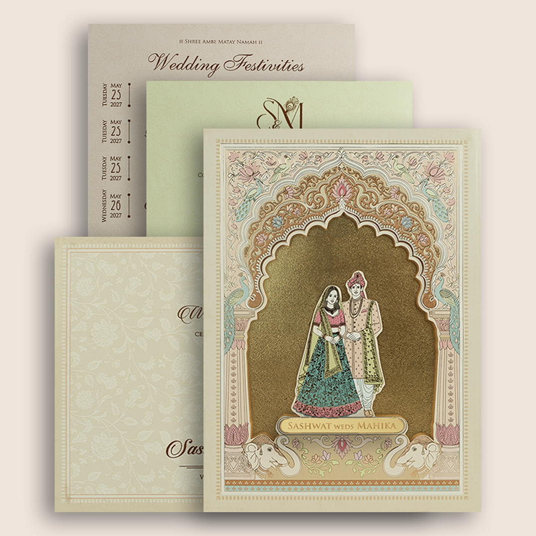 Cream Bride Groom Laser Cut Padded Wedding Card - KRE29060