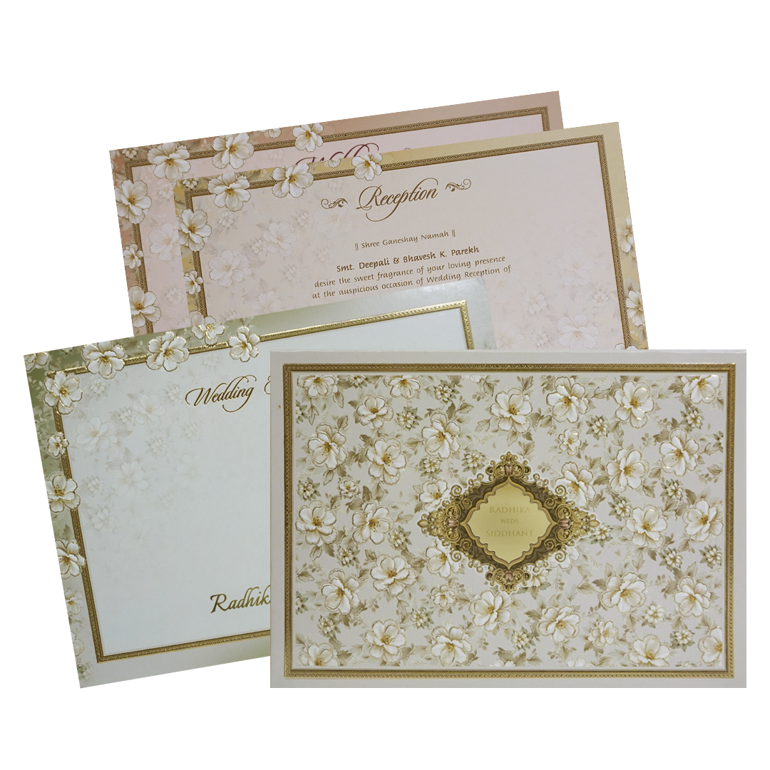 Grey Cream Floral Embossed Laser Cut Padded Wedding Card -KMMWD1143