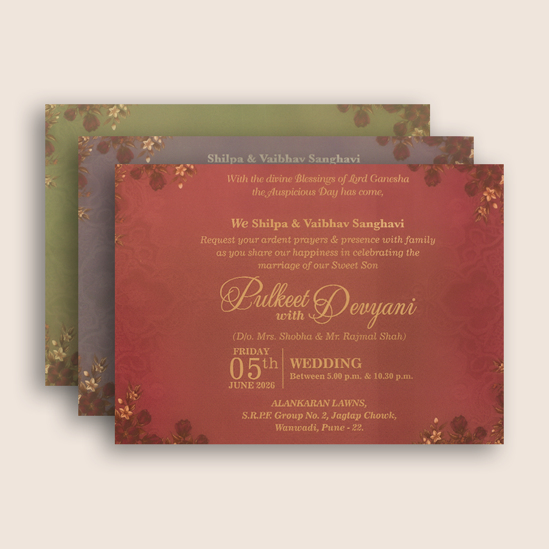 Dark Pink Floral Door Style Padded Invitation Card - KJTS1832