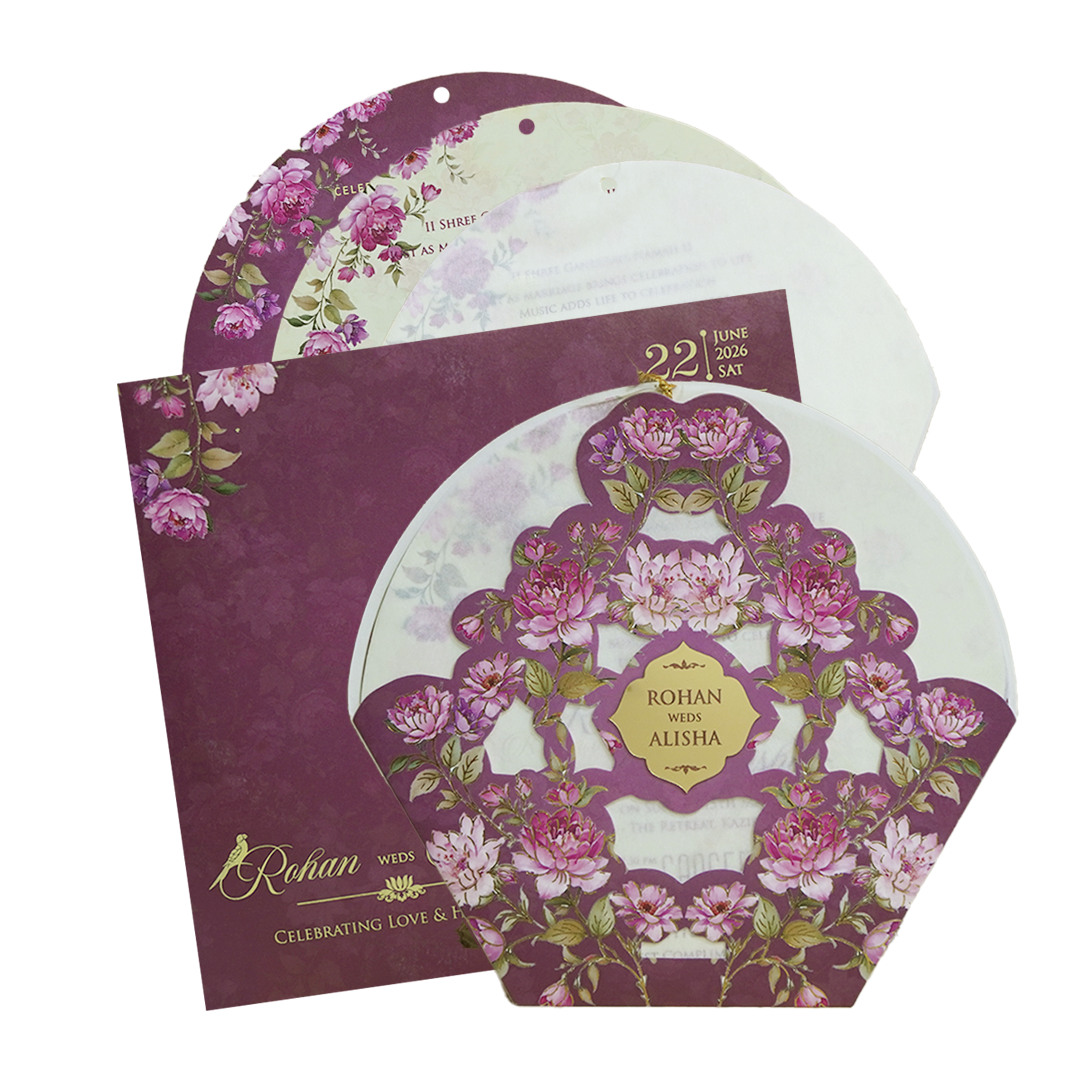 Royal Purple Laser Cut Floral Arch Wedding Card - KFR16190