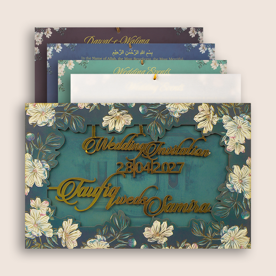 Blue Floral MDF Marriage Invitation - KVN07760