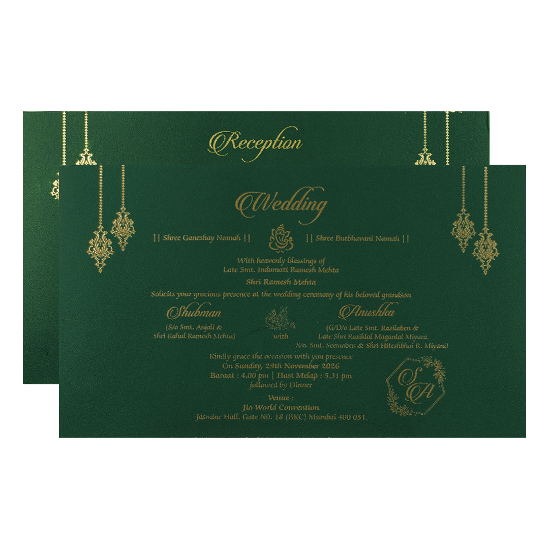Green Gold Medallion Padded Wedding Card-KRB09330