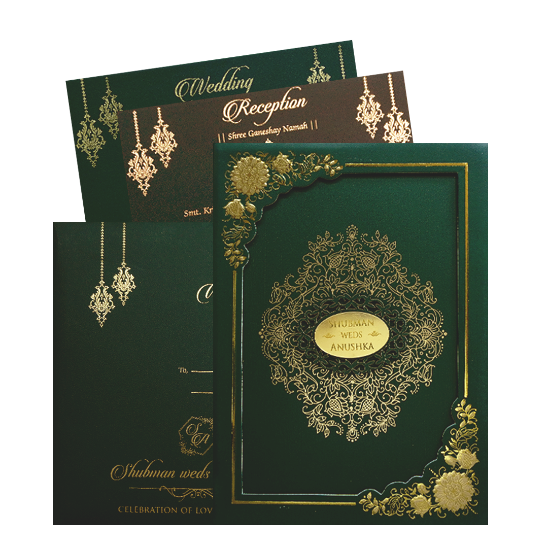 Royal Green Floral Frame Wedding Card-KRB09672