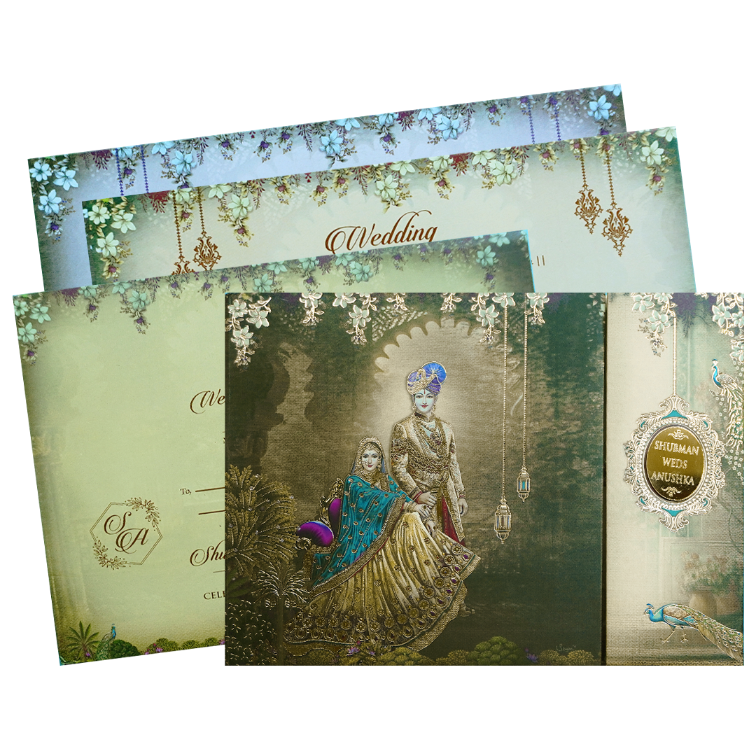 Check out Gold Foil Royal Peacock Theme Padded Wedding Invitation Card with Bride and Groom at best price. ?WhatsApp Support ?Express Delivery.