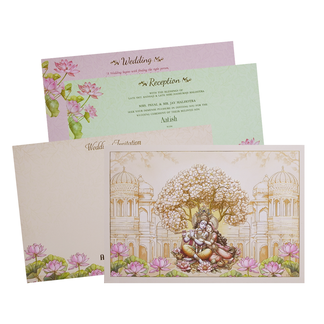 Orange Radha Krishna Palace Padded Wedding Card - KMMWD1145