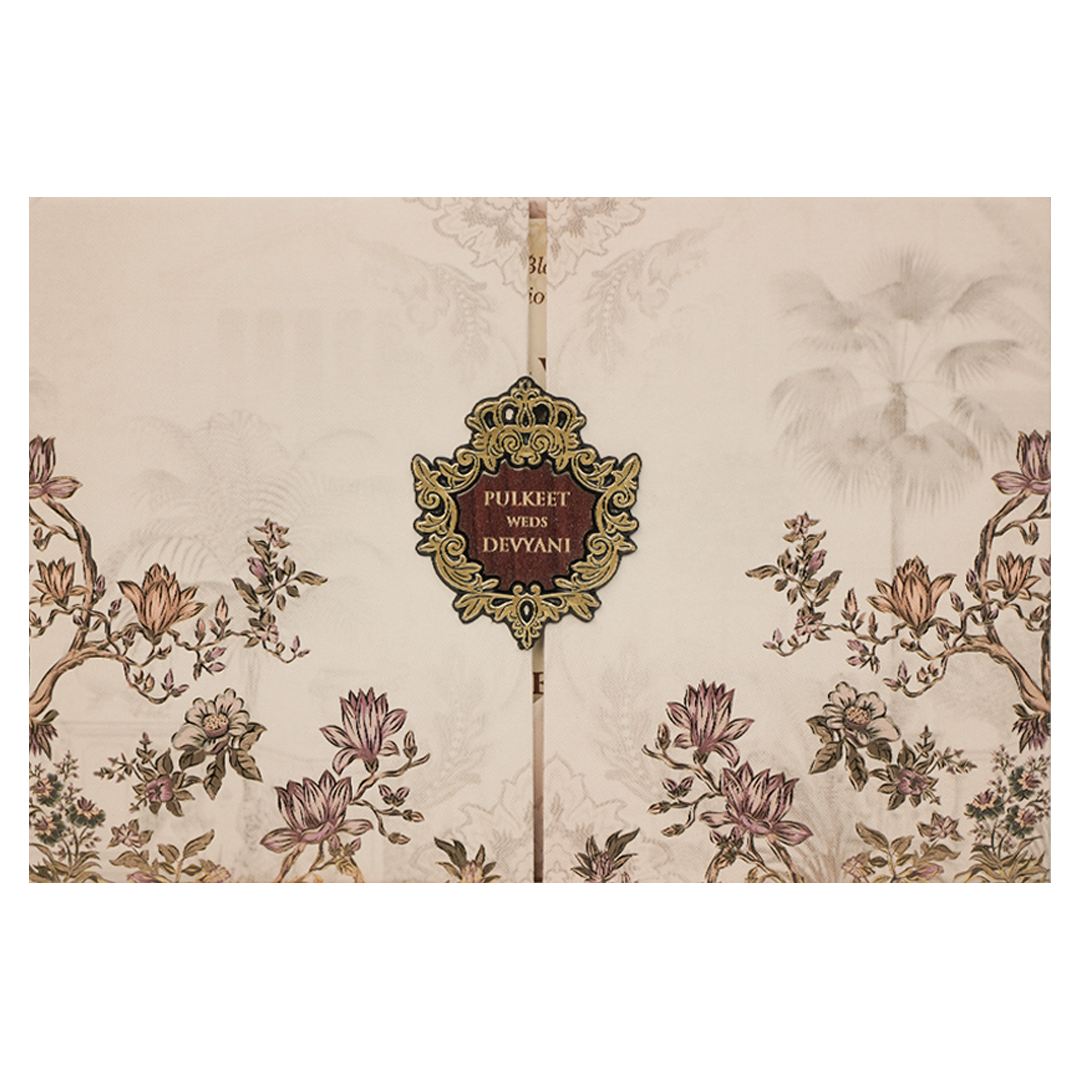 Check out Cream Floral Padded Wedding Card at best price. ✅WhatsApp Support ✅Express Delivery.|King of cards.