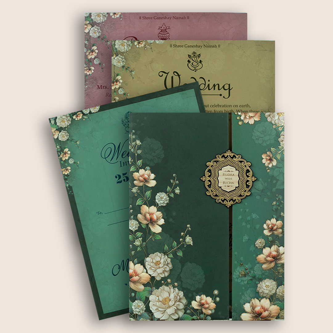 Dark Green Floral Door Style Padded Wedding Card - KSH18940