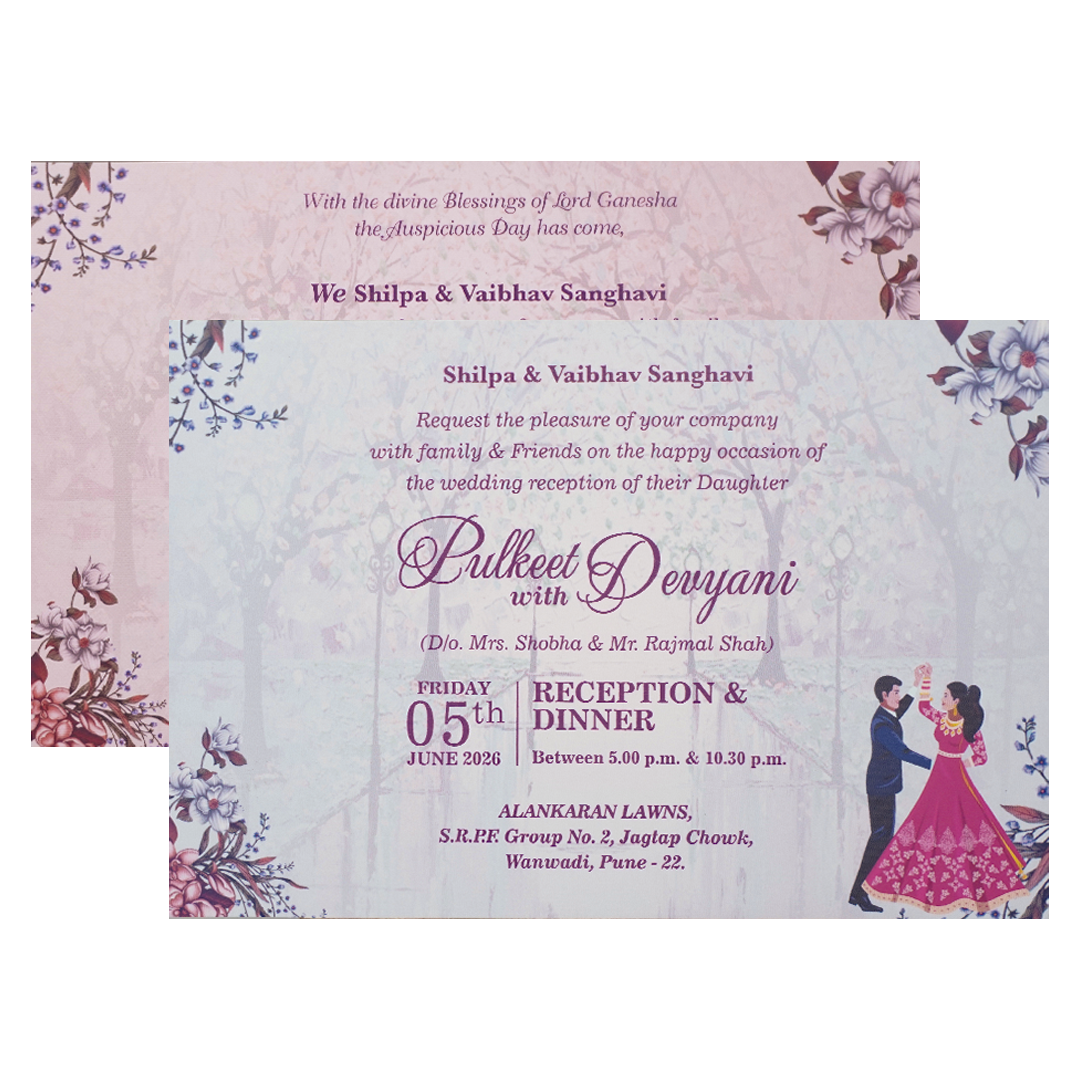 Grey Couple Dance Floral Padded Wedding Card-KJTS1752