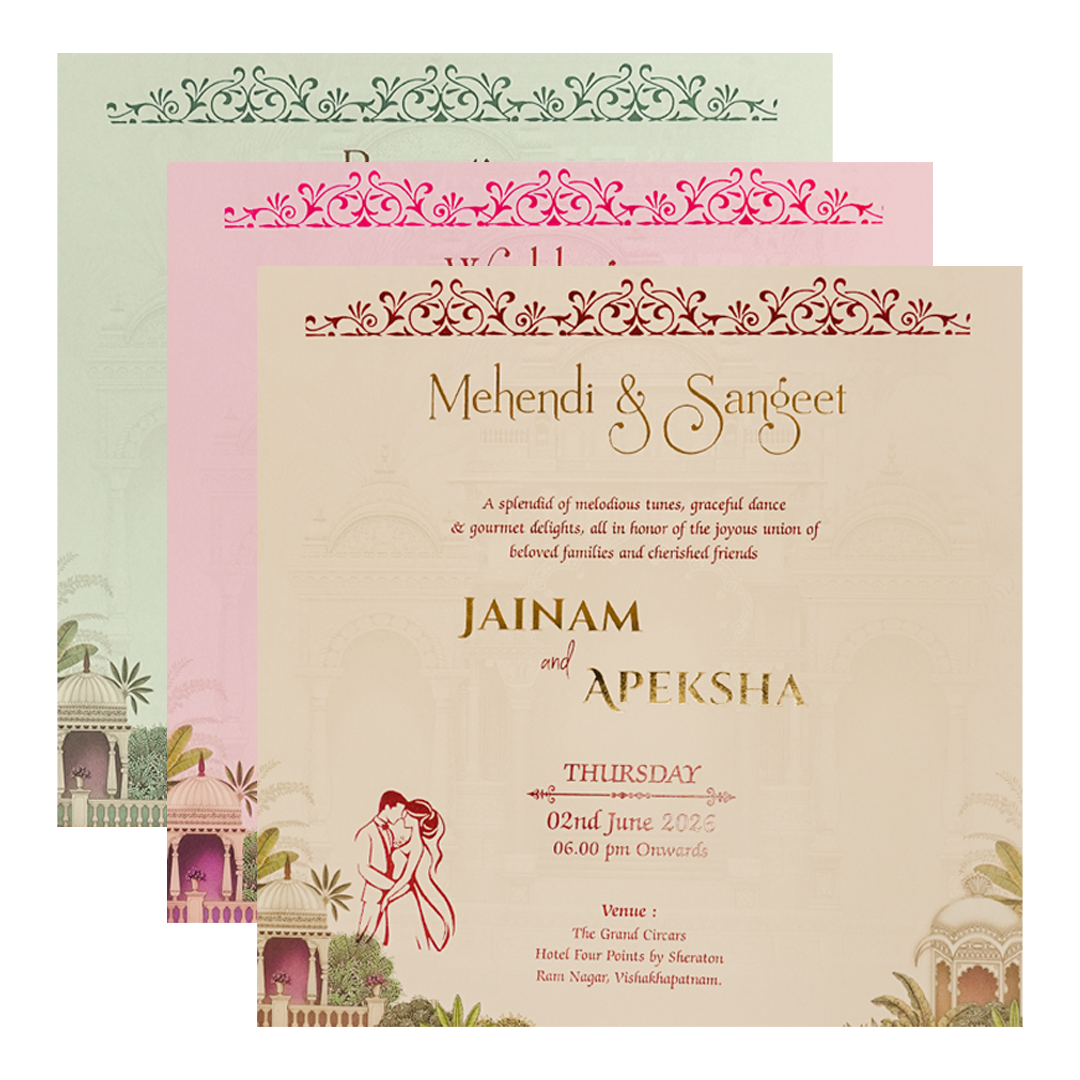 Cream Elephant Palace Padded Wedding Card-KSH72620