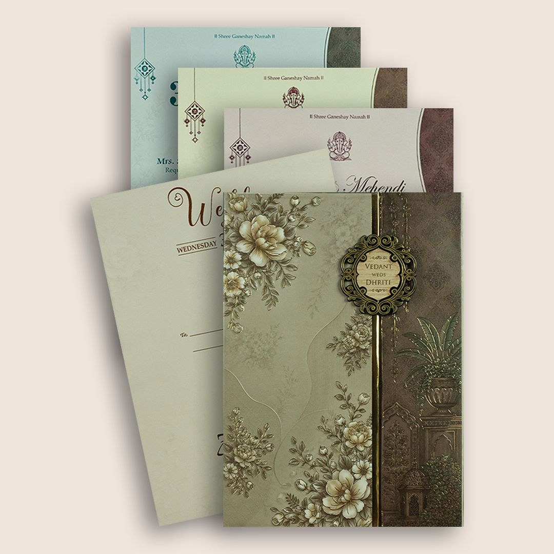 Beige Floral Padded Door Style Wedding Invitation - KSH18840