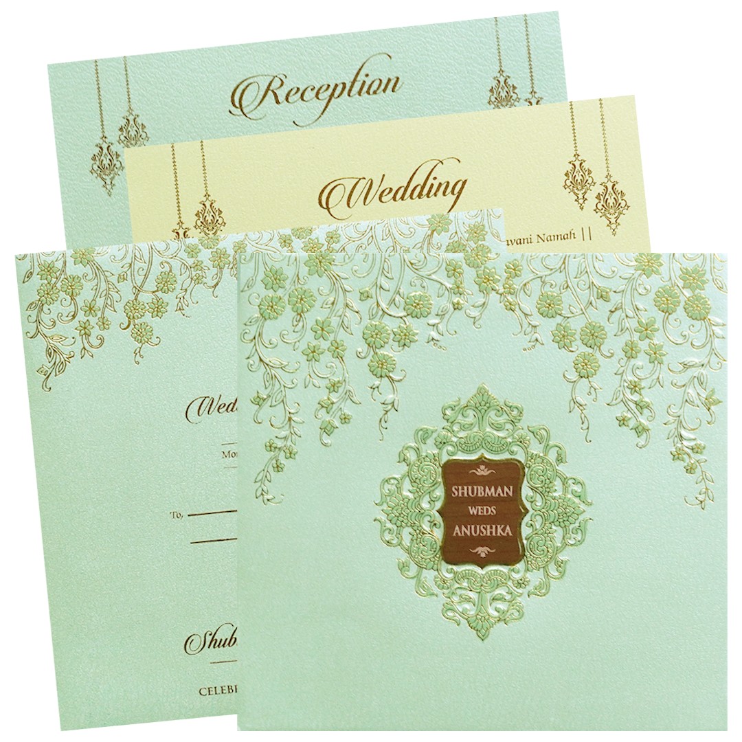 Pista Green Padded Embossed Floral Wedding Invitation Card-KRB09571
