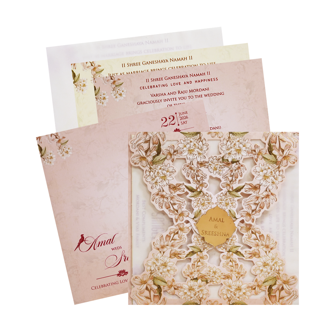 Cream Floral Laser Cut Wedding Card - KFR14230