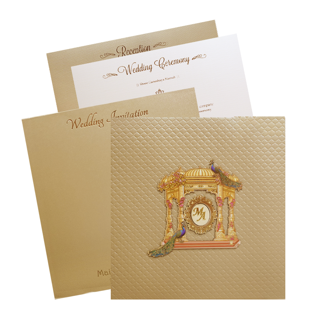 Metalic Gold Laser Cut Palace Padded Wedding Card-KMMWD1129