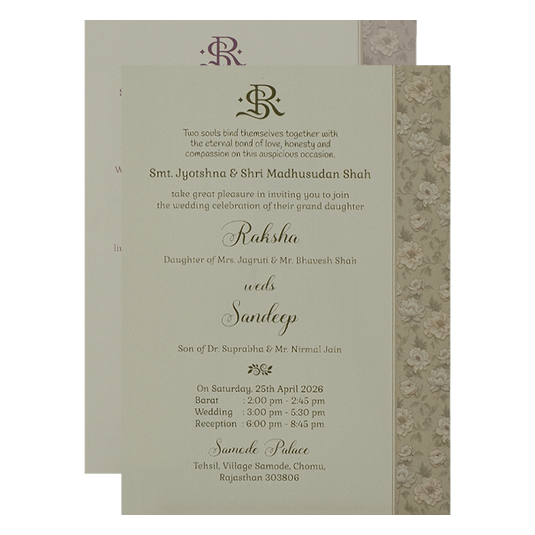 Grey Gold Embossed Floral Wedding Card-KSI64920