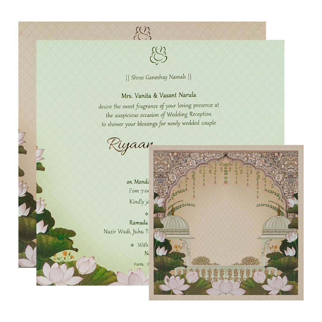 Cream Padded Lotus Wedding Card-KRC31150