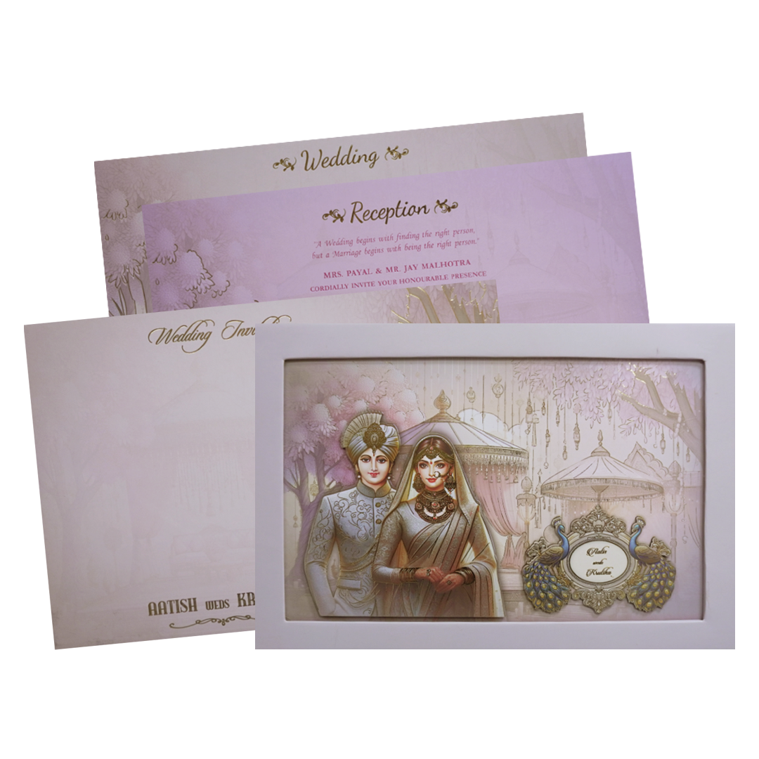 Pastel Lavender Modern Couple Peacock Laser Cut Padded Wedding Card -KMMEX8190