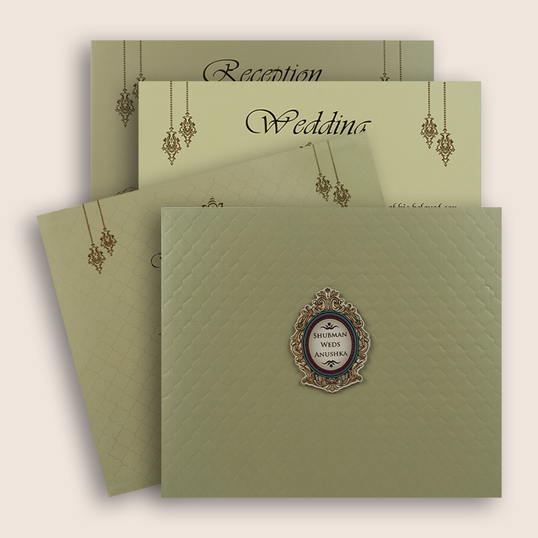Olive Green Embossed Floral Padded Wedding card - KRB10390