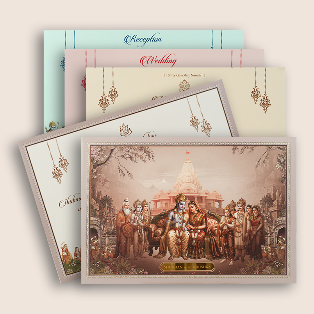 Warm Pink Lord Ram Sita Padded Wedding Card - KRB10750