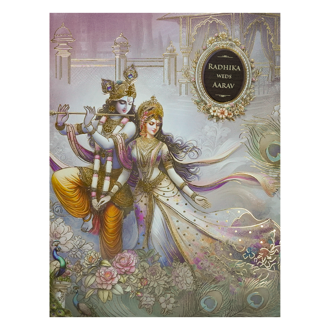 Lavender Krishna Radha Padded Wedding Card-KSH72370