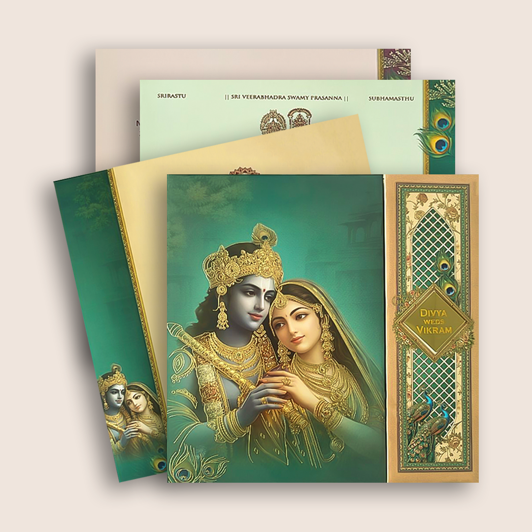 Green Padded Radha Krishna Wedding Card - KNAM4904