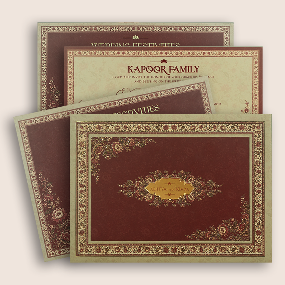 Brown Embossed Floral Padded Wedding Card - KFR17480