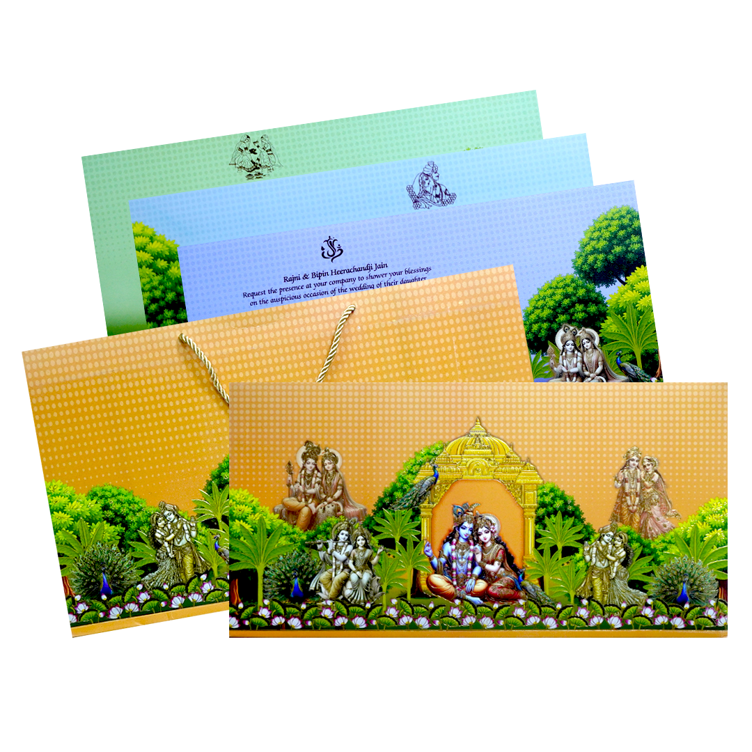 Check out Orange Radha Krishna Embossed Wedding Card at best price. ?WhatsApp Support ?Express Delivery.