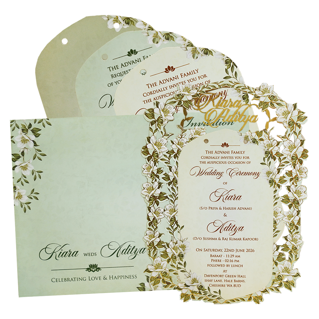 Check out this Green Gold Floral Laser-Cut Wedding Card at best price. ?WhatsApp Support ?Express Delivery. Includes envelope and inserts.