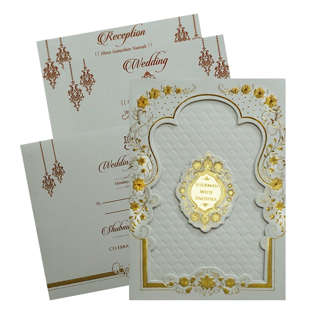 Grey Padded Embossed Floral Wedding Invitation Card-KRB09681