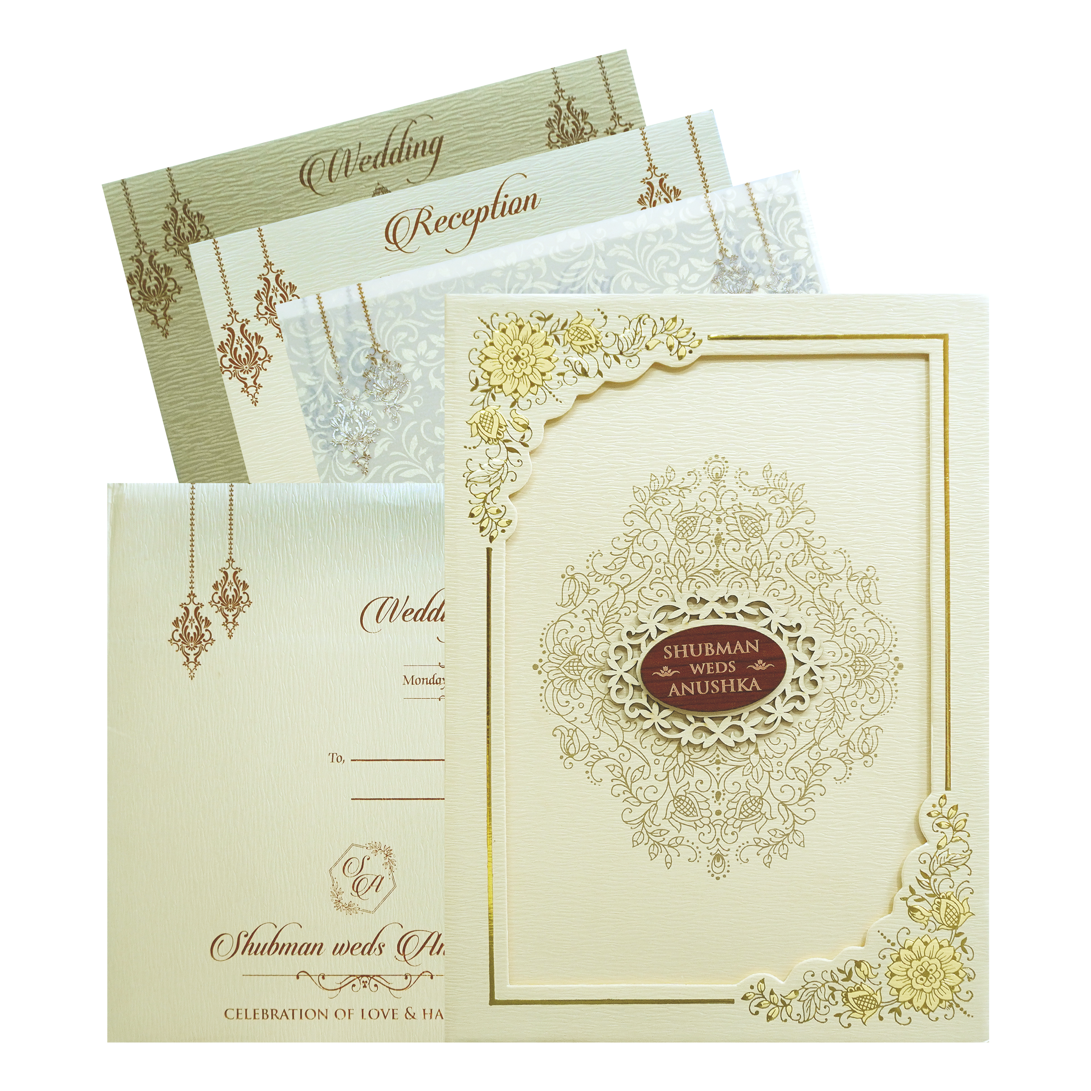 Shop Cream Floral Frame Type Wedding Card with luxurious gold accents, floral border, and premium textured finish. ?WhatsApp Support ?Express Delivery.