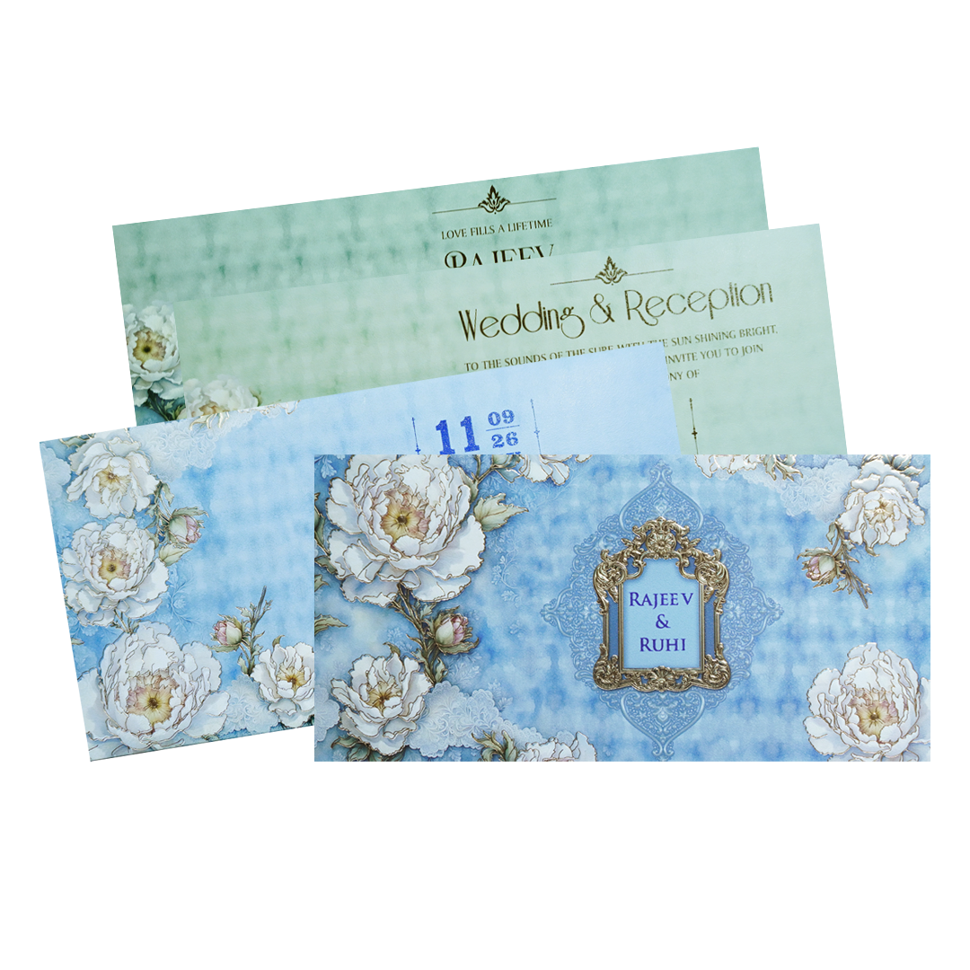 Sky Blue Floral Wedding Invitation Card-KPR06550