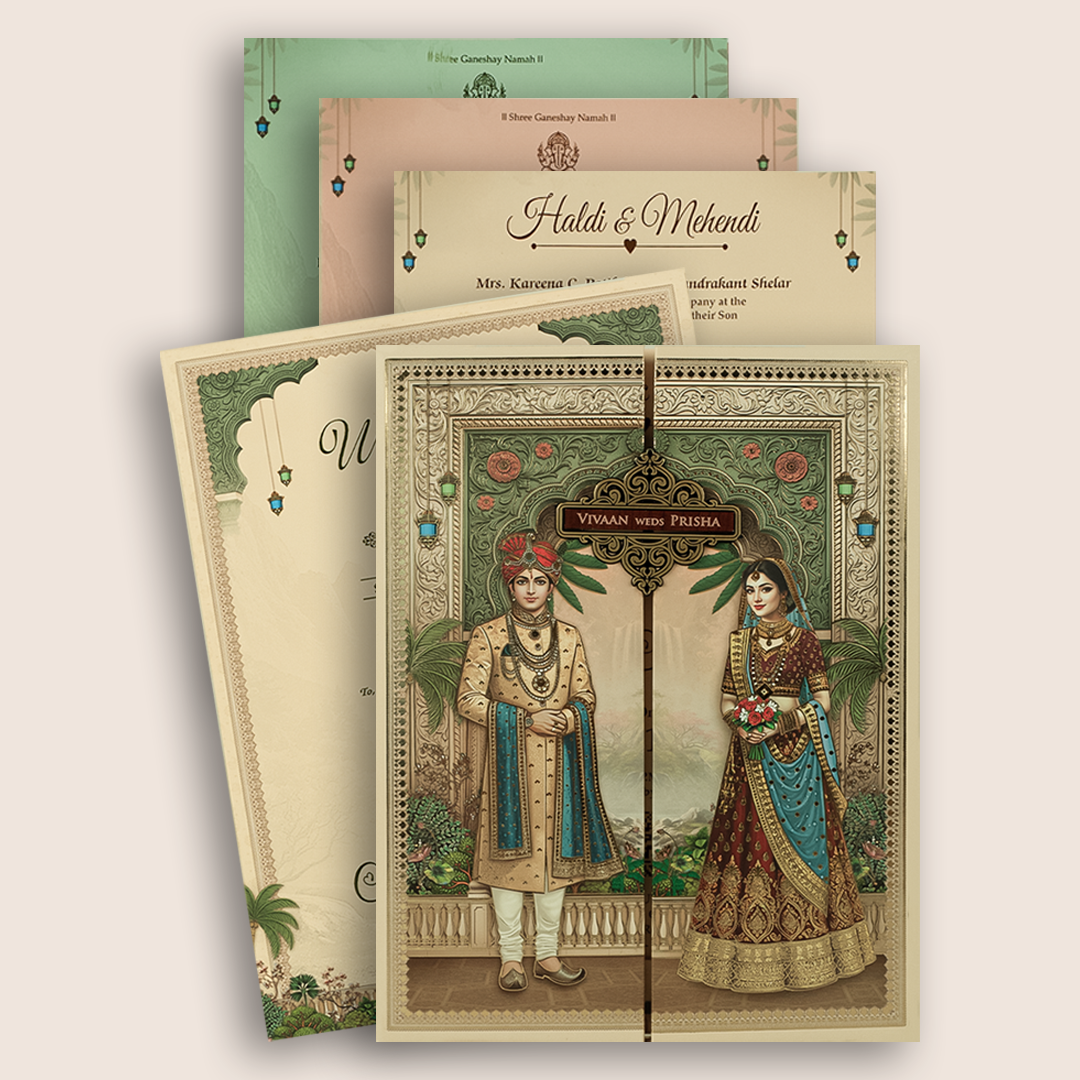 Peach Bride Groom Door Style Padded Wedding Card - KSH18480