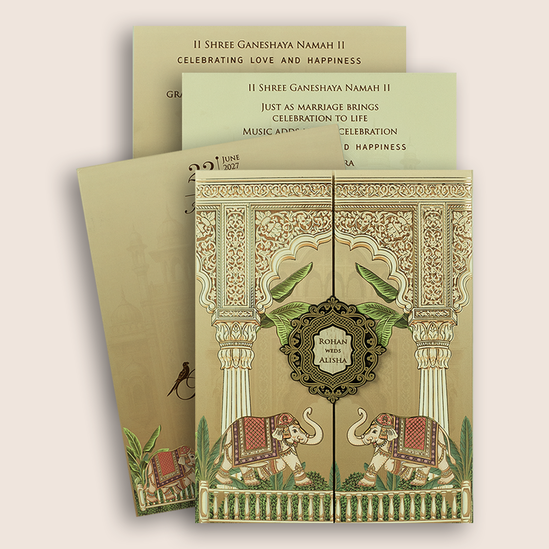 Pastel Brown Elephant Door Style Padded Invitation Card - KFR17300