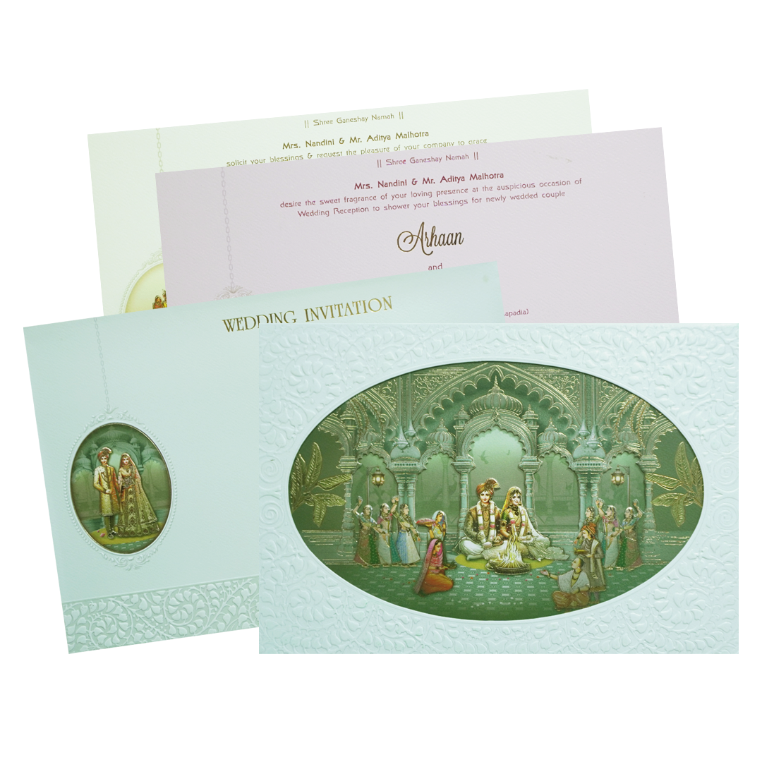 Green Bride & Groom Lasercut Palace Padded Wedding Card - KMMEX8100
