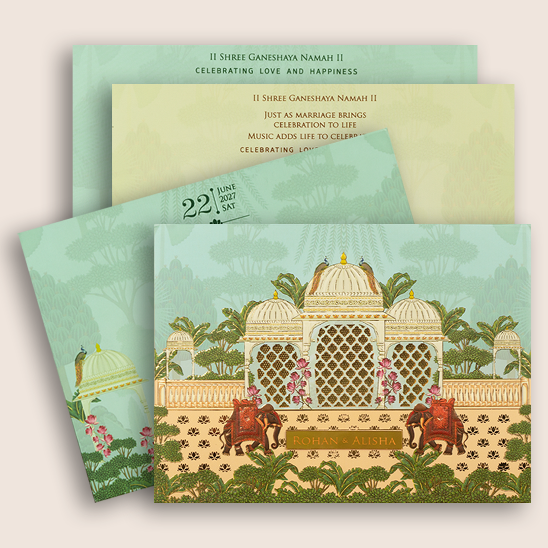 Pastel Green Embossed Elephant Padded Marriage Card - KFR15330
